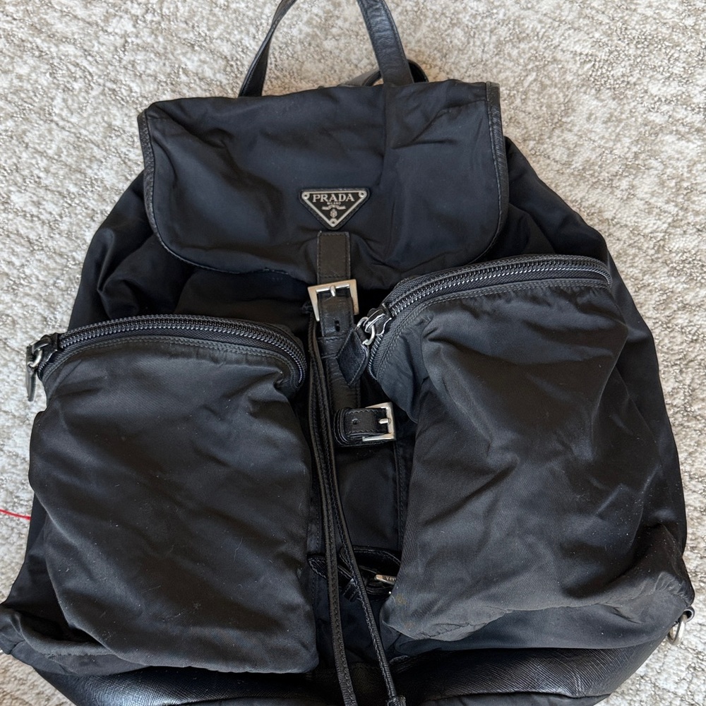 Prada Black Nylon Drawstring Backpack with Front Pockets